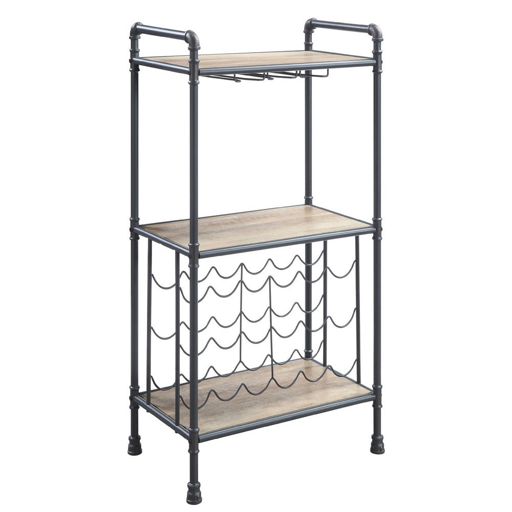 Coleen 3 Tier Wine Rack | Wood Shelves | Gray Industrial Metal Pipes 46"