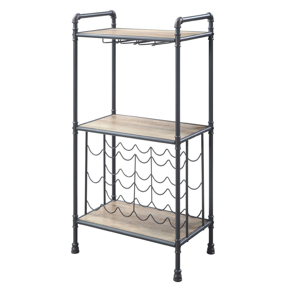 Coleen 3 Tier Wine Rack | Wood Shelves | Gray Industrial Metal Pipes 46"