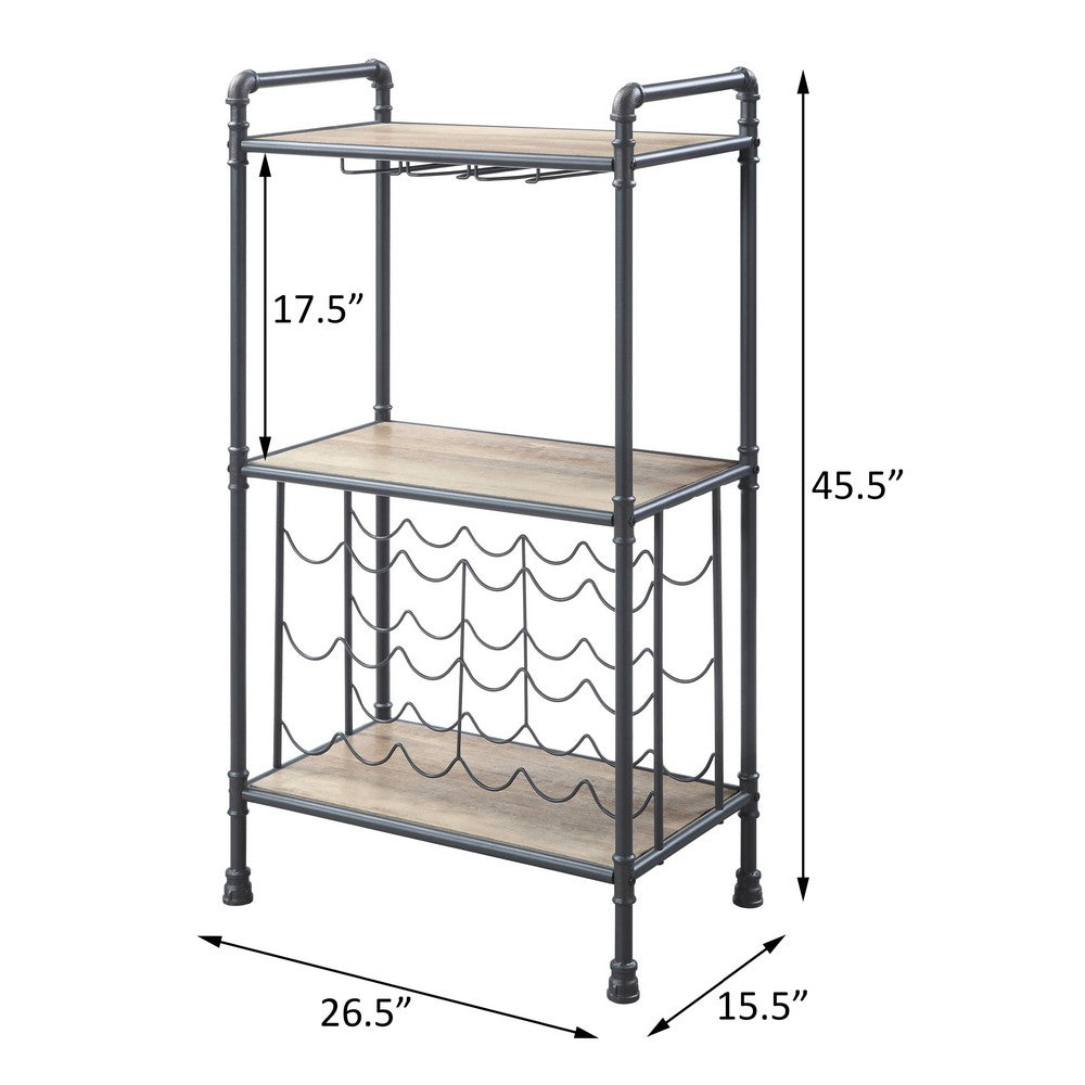 Coleen 3 Tier Wine Rack | Wood Shelves | Gray Industrial Metal Pipes 46"