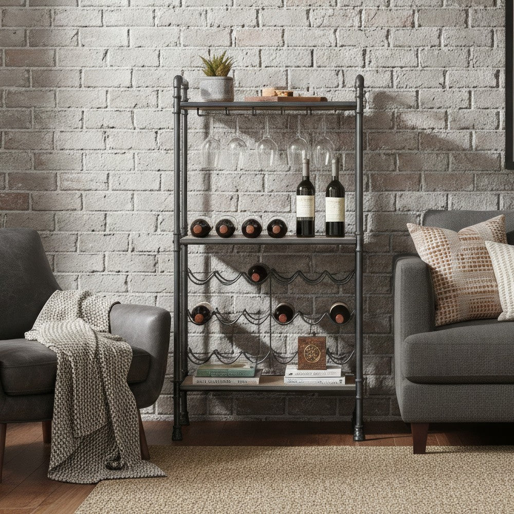 Coleen 3 Tier Wine Rack | Wood Shelves | Gray Industrial Metal Pipes 46"