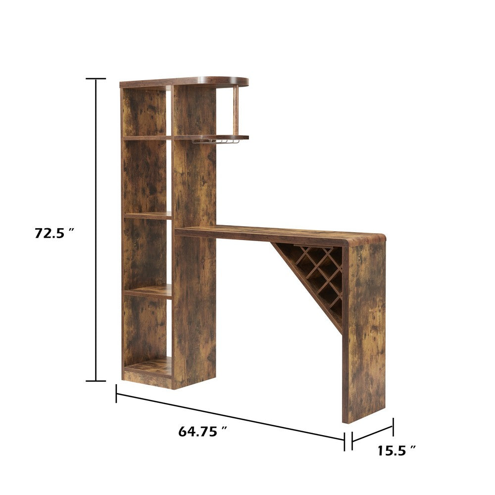 Bar Table with Wine Cabinet | 5 Shelves Stemware Rack | Rustic Brown 73"