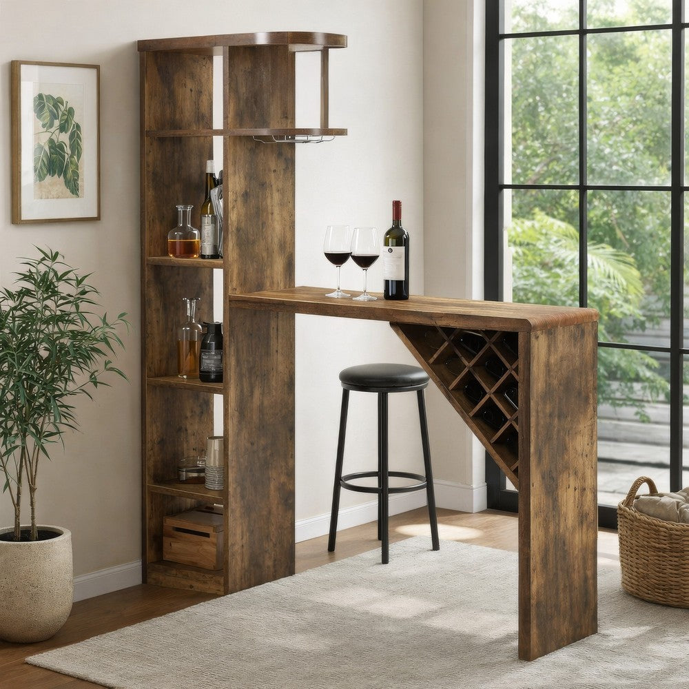 Bar Table with Wine Cabinet | 5 Shelves Stemware Rack | Rustic Brown 73"