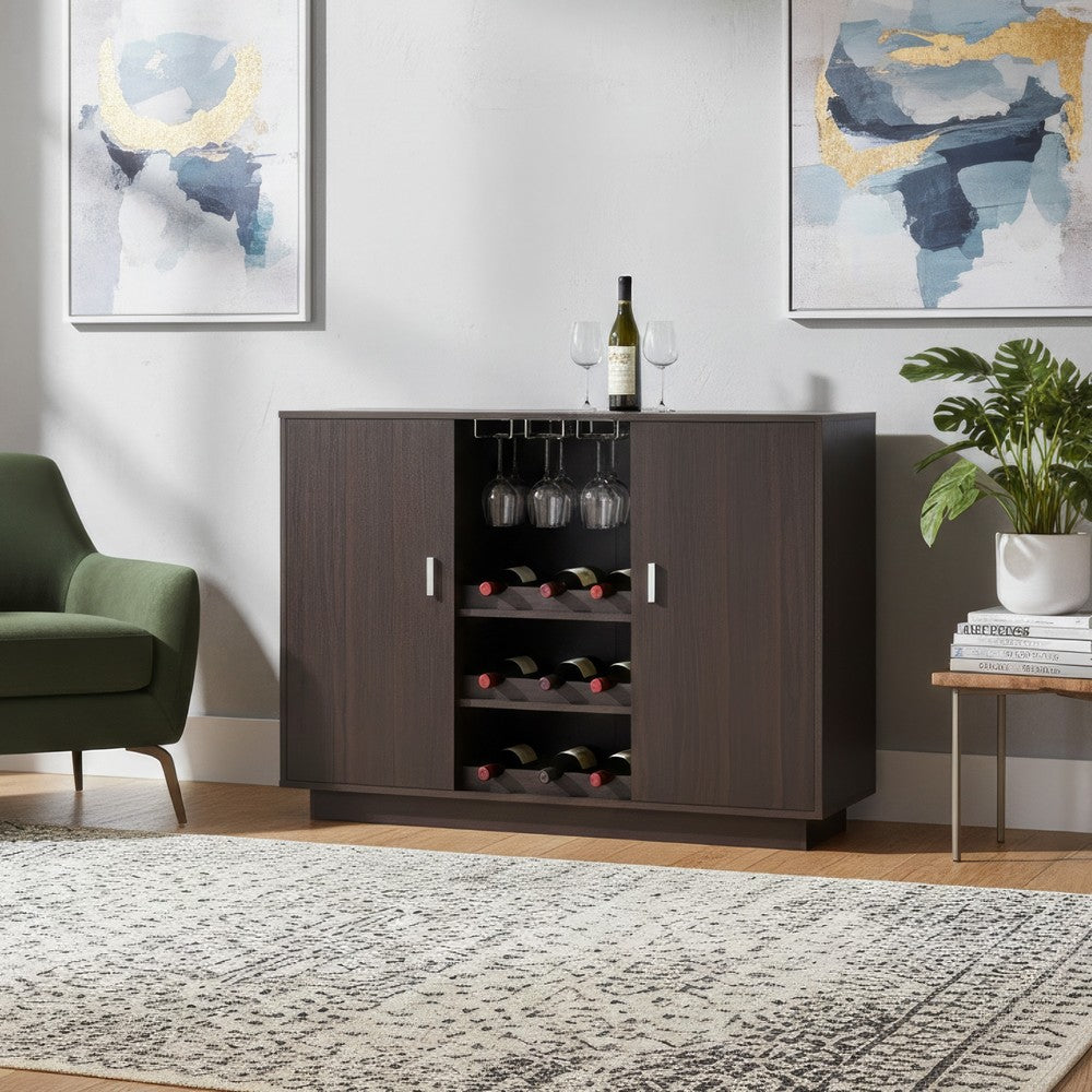 Dina Wine Cabinet Bar w 2 Doors | Stemware Rack | Espresso Brown 47"