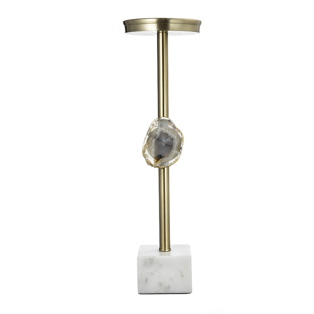Pillar Candle Holder with Gold Stem | Embedded Agate Stone | 15" White