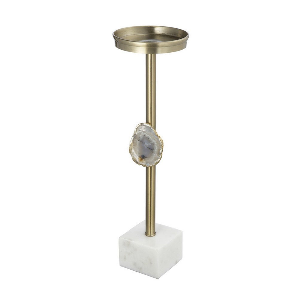 Pillar Candle Holder with Gold Stem | Embedded Agate Stone | 15" White