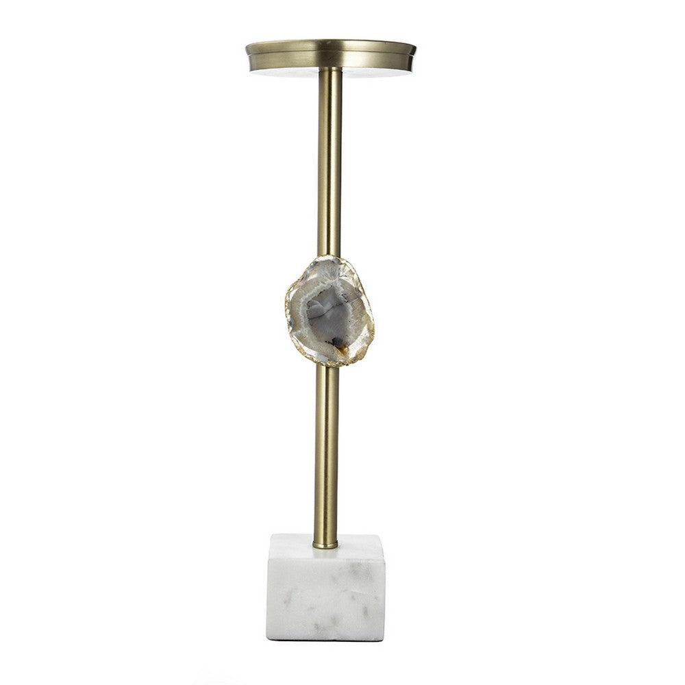 Pillar Candle Holder with Gold Stem | Embedded Agate Stone | 15" White