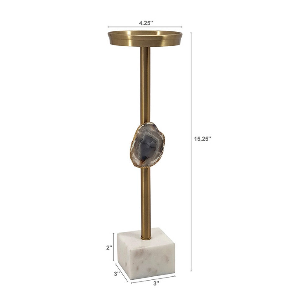 Pillar Candle Holder with Gold Stem | Embedded Agate Stone | 15" White