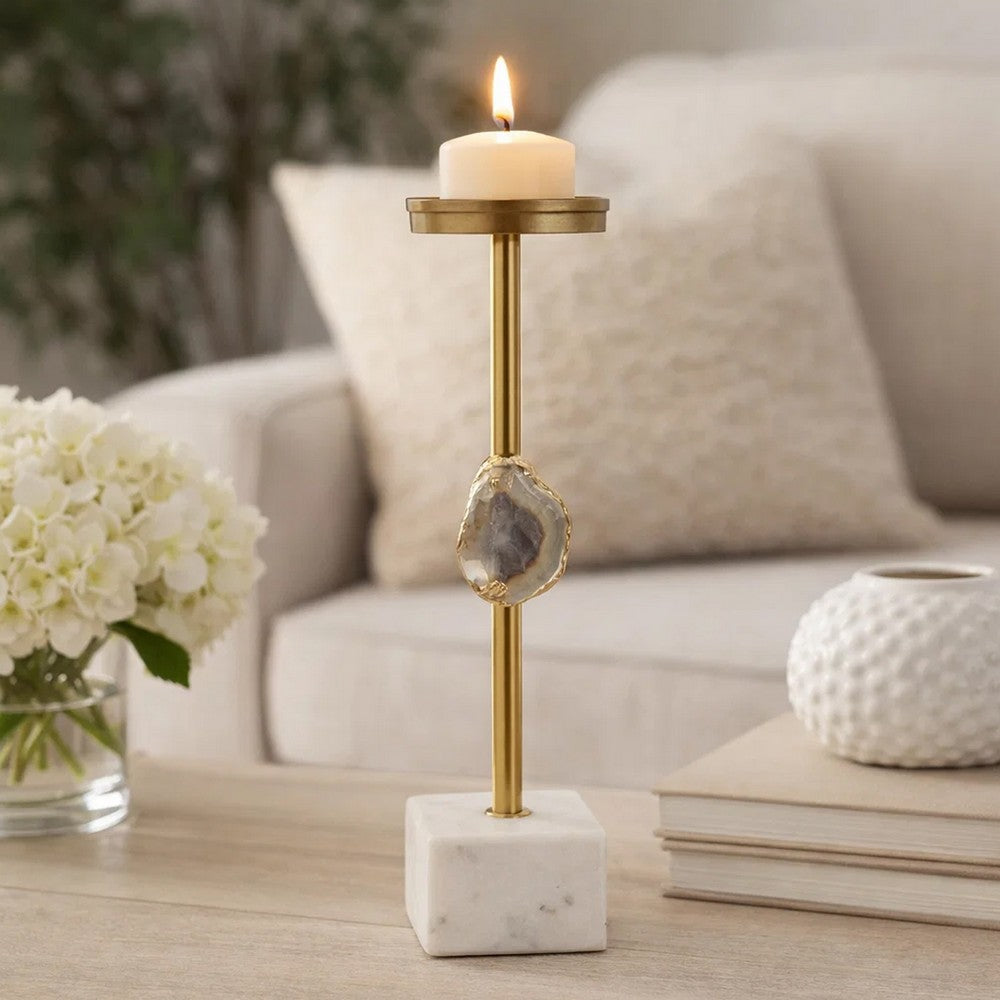 Pillar Candle Holder with Gold Stem | Embedded Agate Stone | 15" White