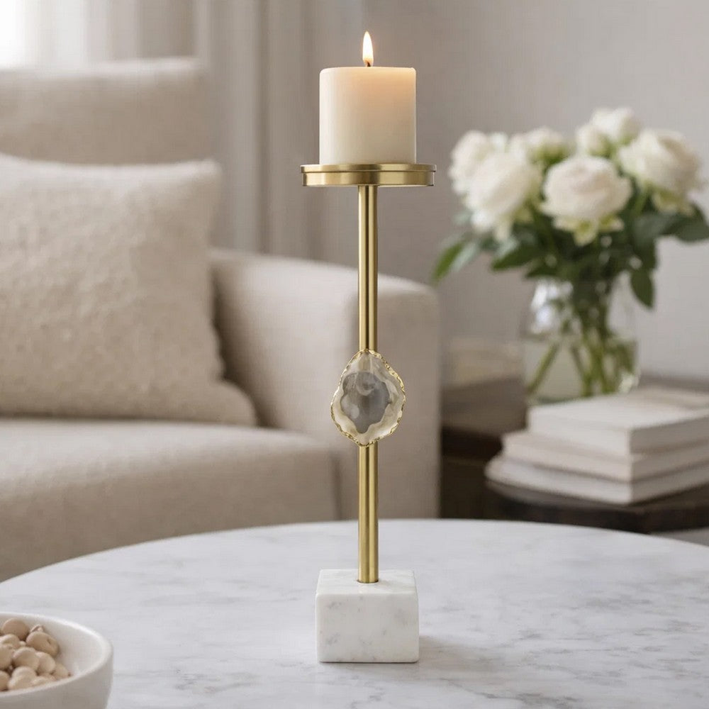 Pillar Candle Holder with Gold Stem | Embedded Agate Stone | 15" White