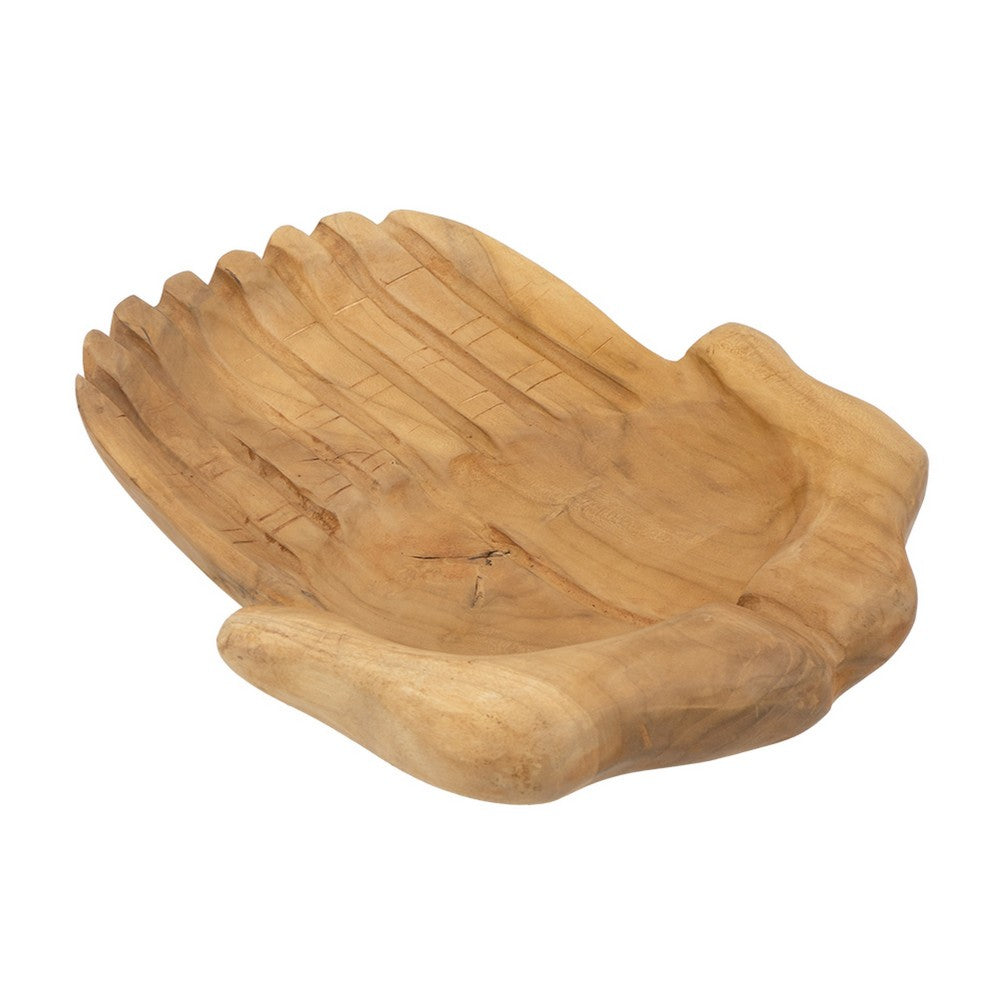 Decorative Hands of Hope Accent Bowl | 14" Natural Brown Teak Wood