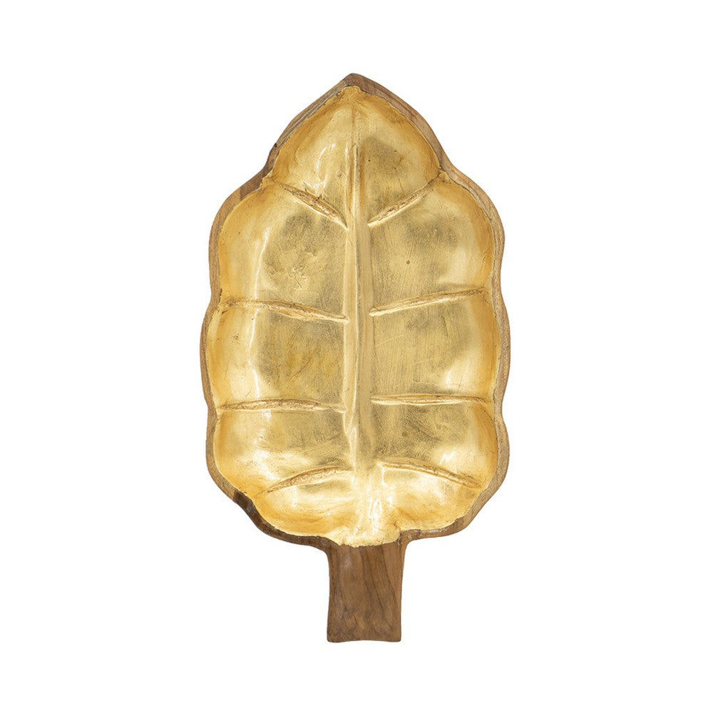 Decorative Leaf Shaped Platter with Stem Handle | 16" Gold Teak Wood