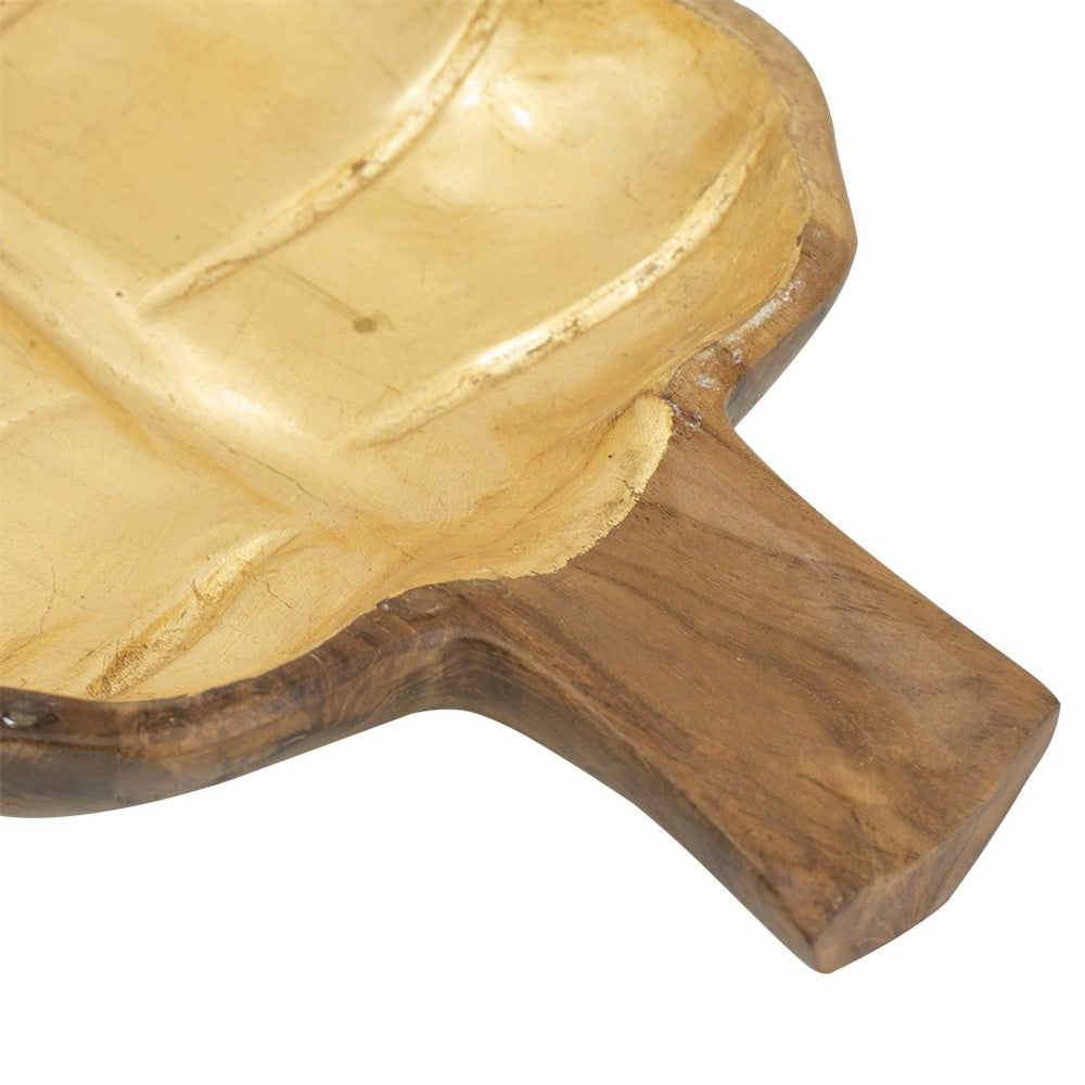 Decorative Leaf Shaped Platter with Stem Handle | 16" Gold Teak Wood