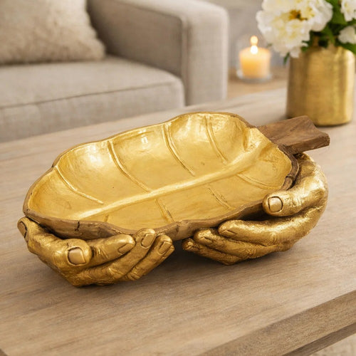 Decorative Leaf Shaped Platter with Stem Handle | 16" Gold Teak Wood