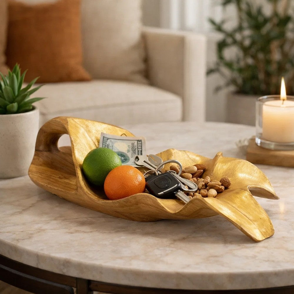 Decorative Sculpted Plate with Gold Foil Interior | 20" Teak Wood