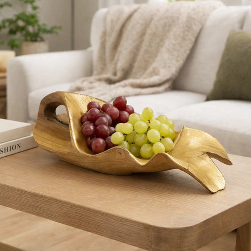 Decorative Sculpted Plate with Gold Foil Interior | 20" Teak Wood