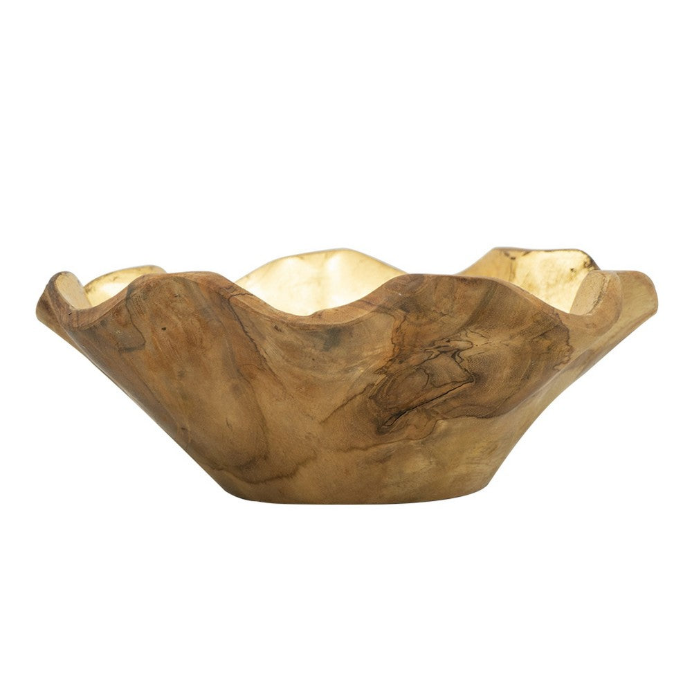 Decorative Organic Freeflow Ruffled Accent Bowl | 9" Gold Teak Wood
