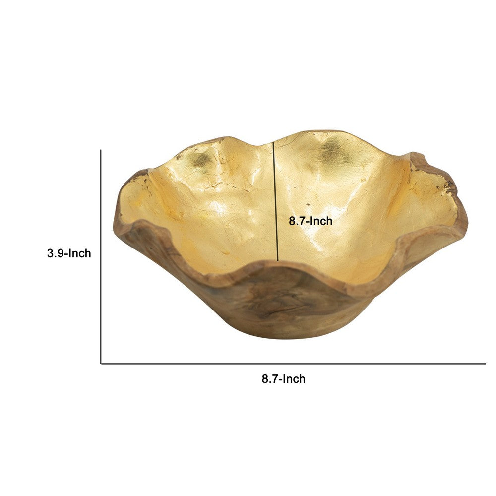 Decorative Organic Freeflow Ruffled Accent Bowl | 9" Gold Teak Wood