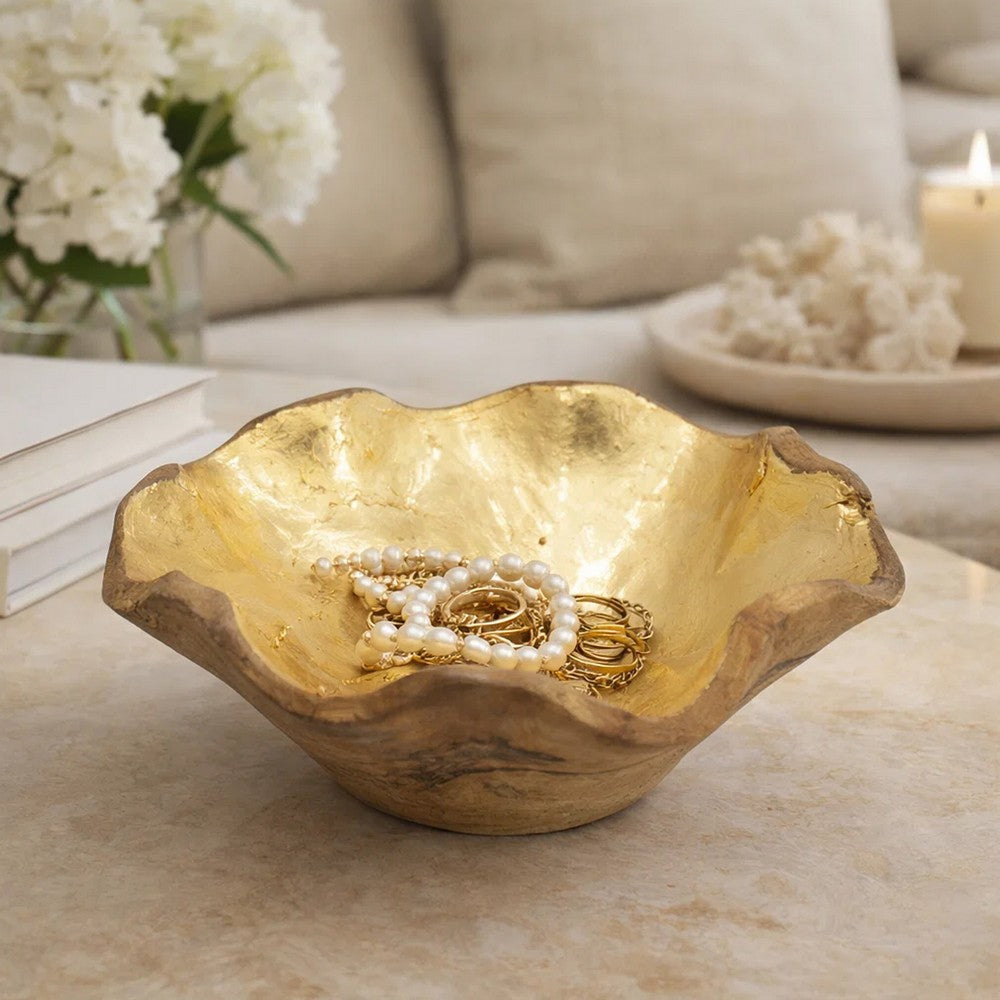 Decorative Organic Freeflow Ruffled Accent Bowl | 9" Gold Teak Wood