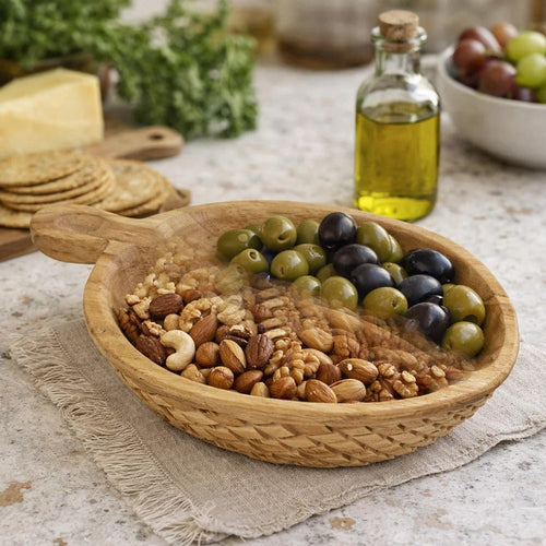 Decorative Bowl with Handle | 9" Farmhouse Natural Brown Teak Wood