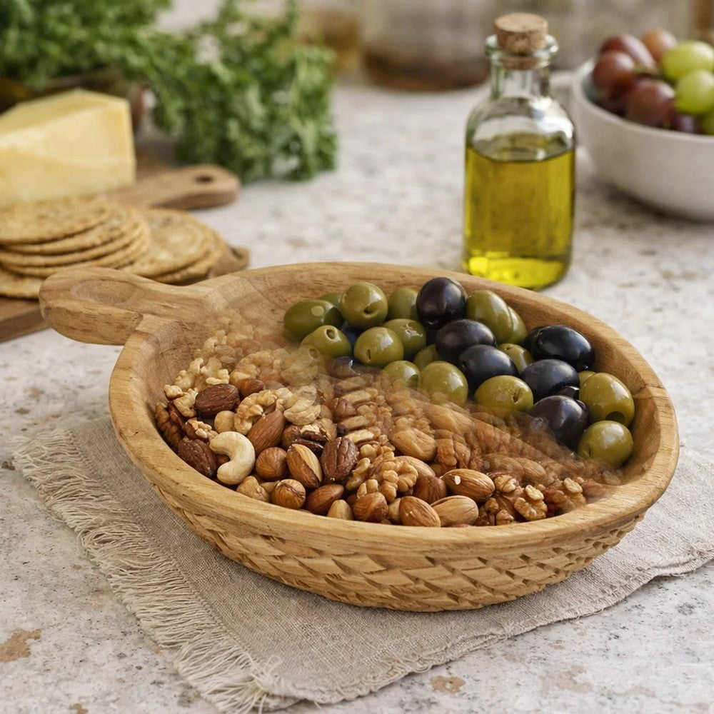 Decorative Bowl with Handle | 9" Farmhouse Natural Brown Teak Wood