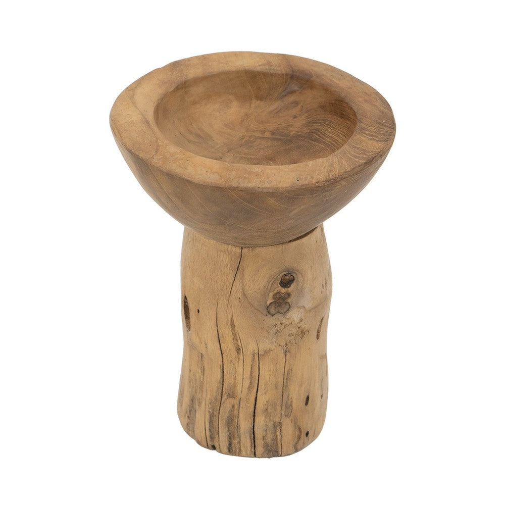 Decorative Candle Holder with Tree Stump Base | 8" Brown Teak Wood