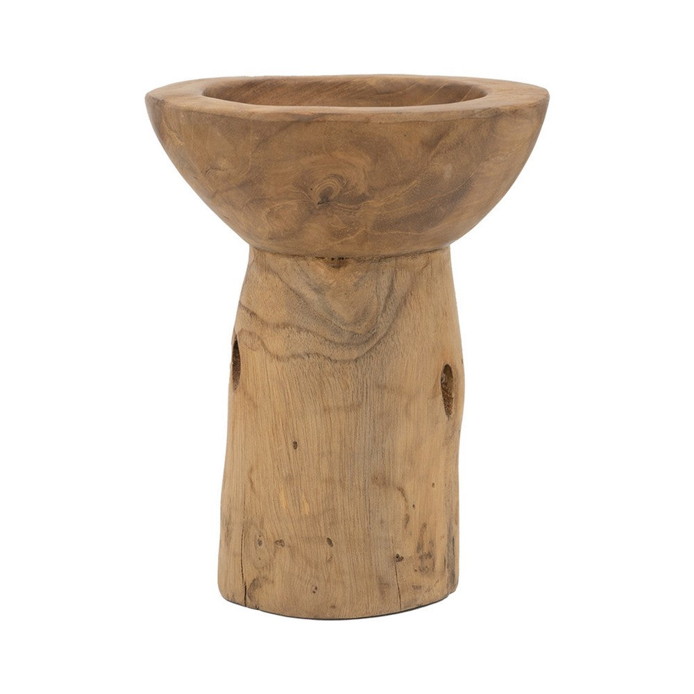 Decorative Candle Holder with Tree Stump Base | 8" Brown Teak Wood