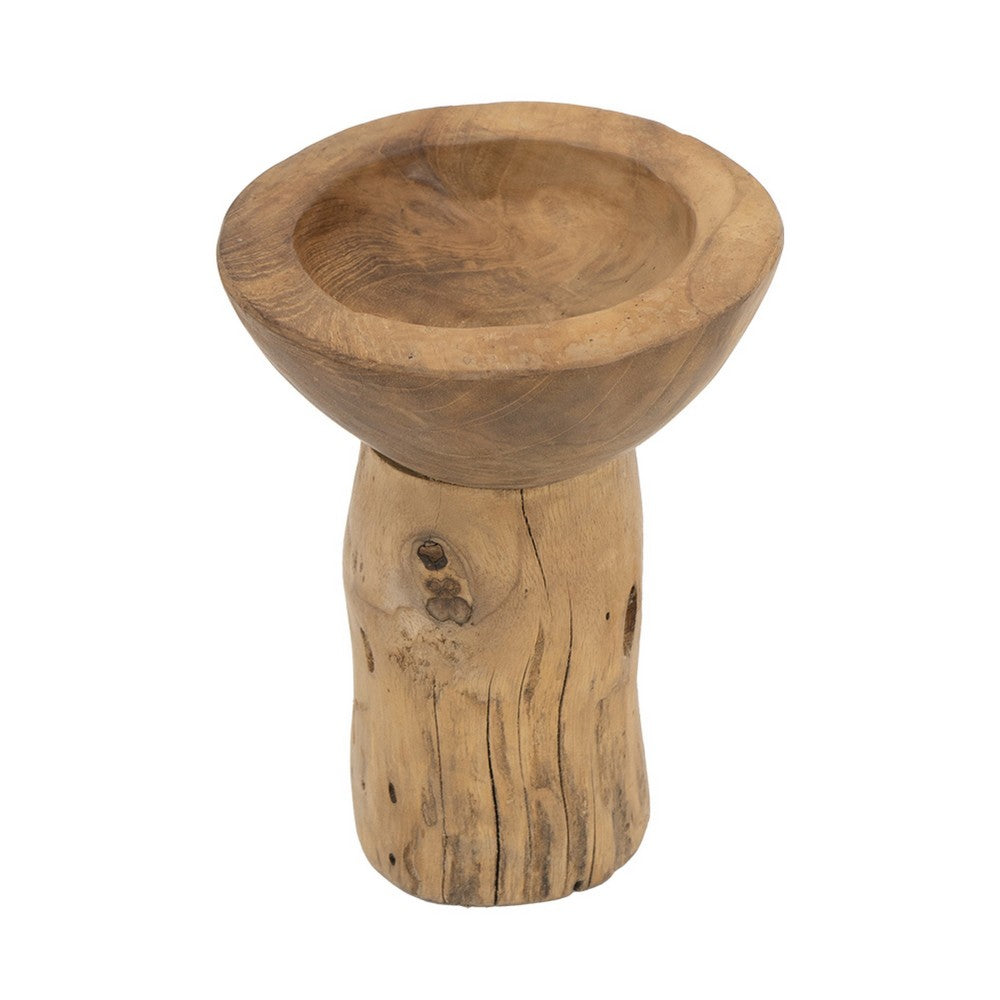 Decorative Candle Holder with Tree Stump Base | 8" Brown Teak Wood