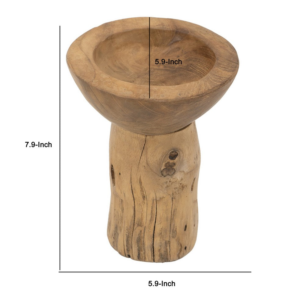 Decorative Candle Holder with Tree Stump Base | 8" Brown Teak Wood