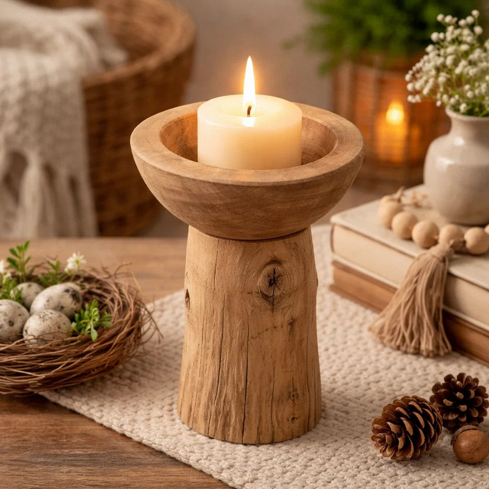 Decorative Candle Holder with Tree Stump Base | 8" Brown Teak Wood