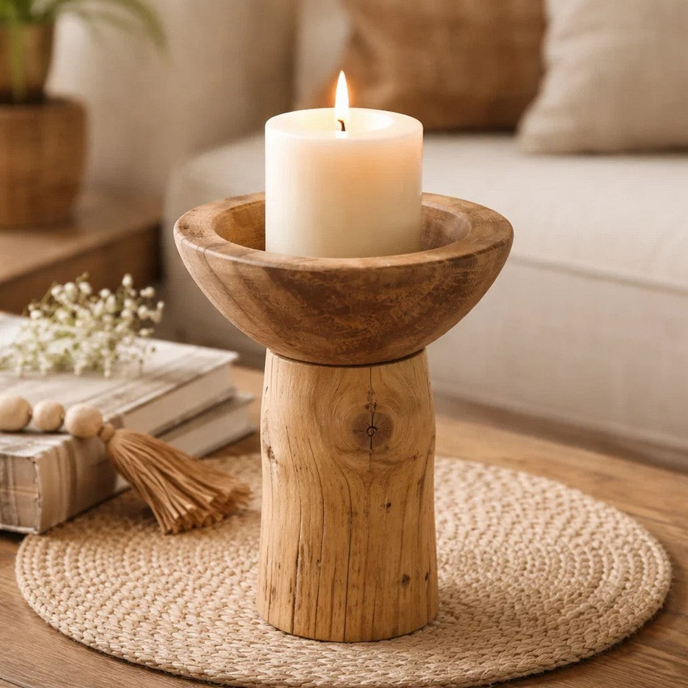 Decorative Candle Holder with Tree Stump Base | 8" Brown Teak Wood