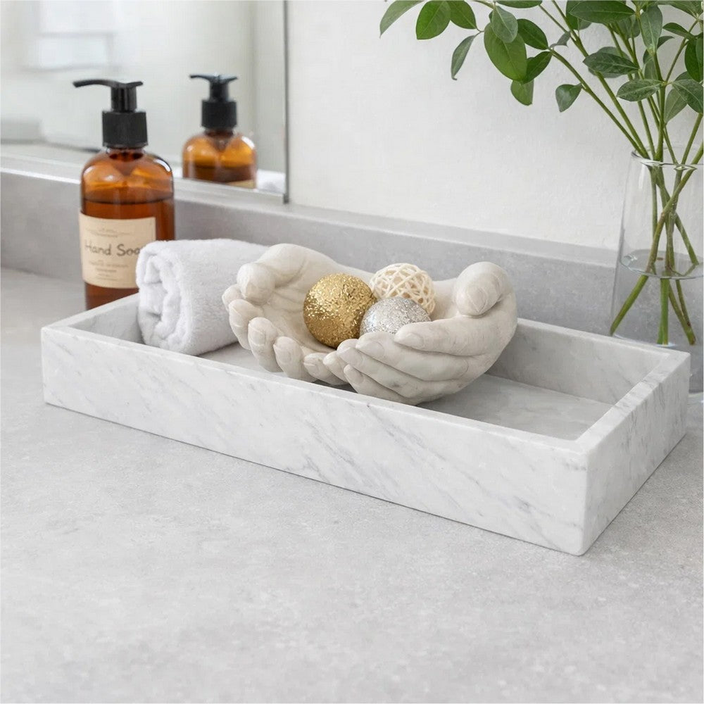 Decorative Tray with Raised Edges | 22x8" Rectangular White Marble