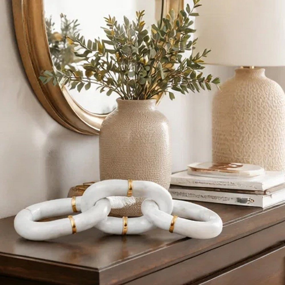 Decorative Chain Link Sculpture | Subtle Gold Inlay | 14" White Marble