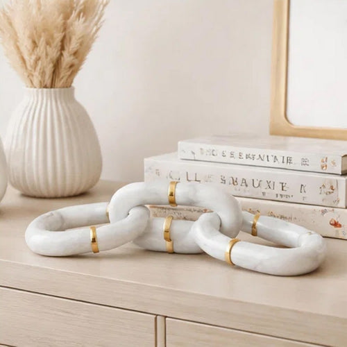 Decorative Chain Link Sculpture | Subtle Gold Inlay | 14" White Marble
