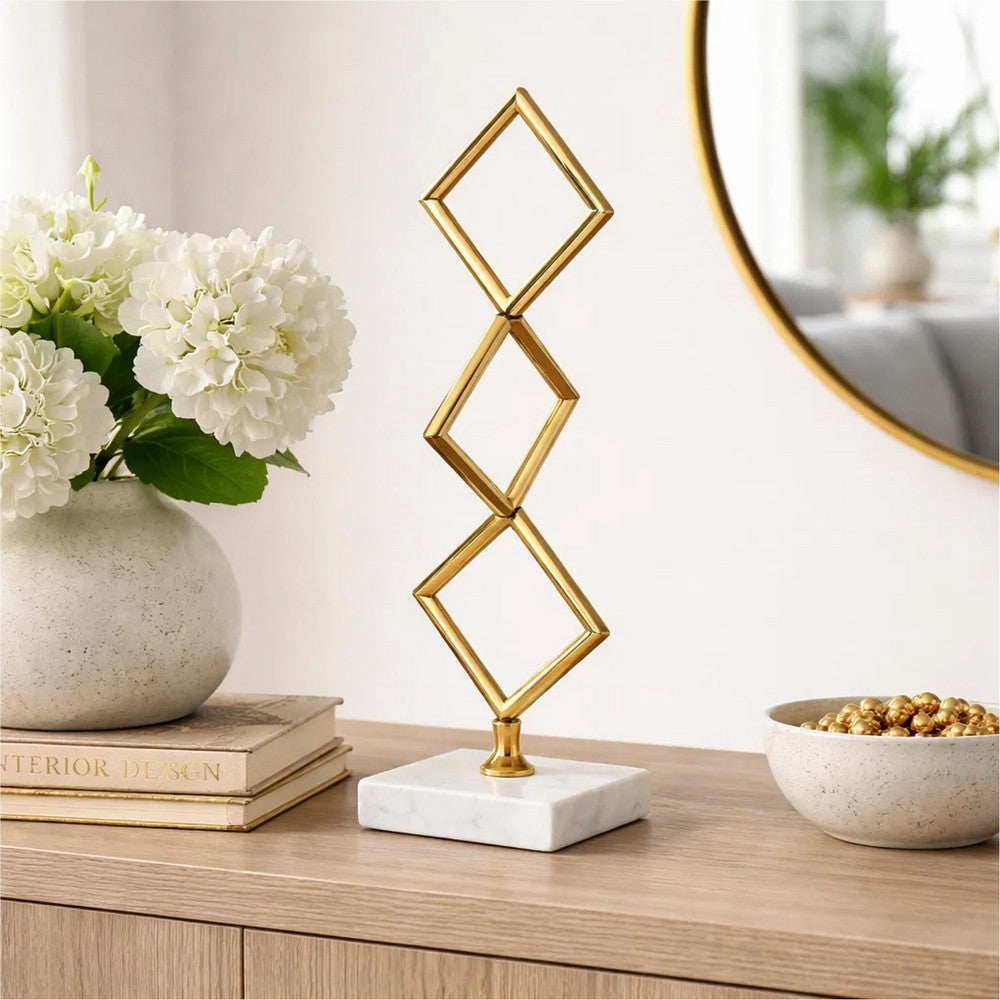 Decorative Stacked Diamond Sculpture | White Marble Base | 14" Gold