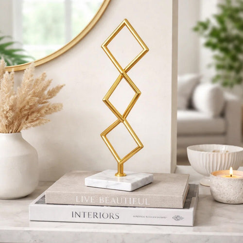 Decorative Stacked Diamond Sculpture | White Marble Base | 14" Gold