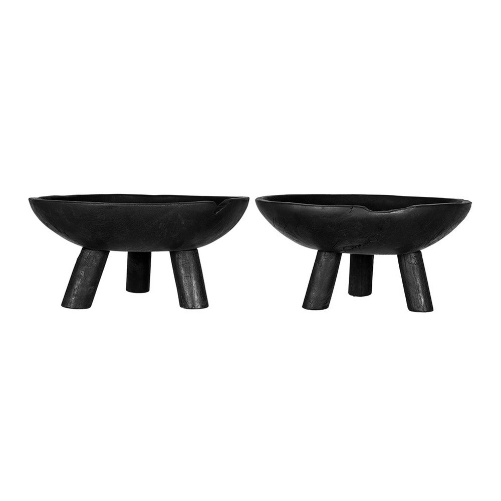 Decorative Footed Bowls Set of 2 | Tripod Legs | Black Teak Wood | 12"