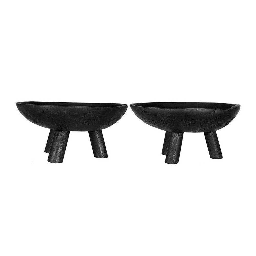 Decorative Footed Bowls Set of 2 | Tripod Legs | Black Teak Wood | 12"