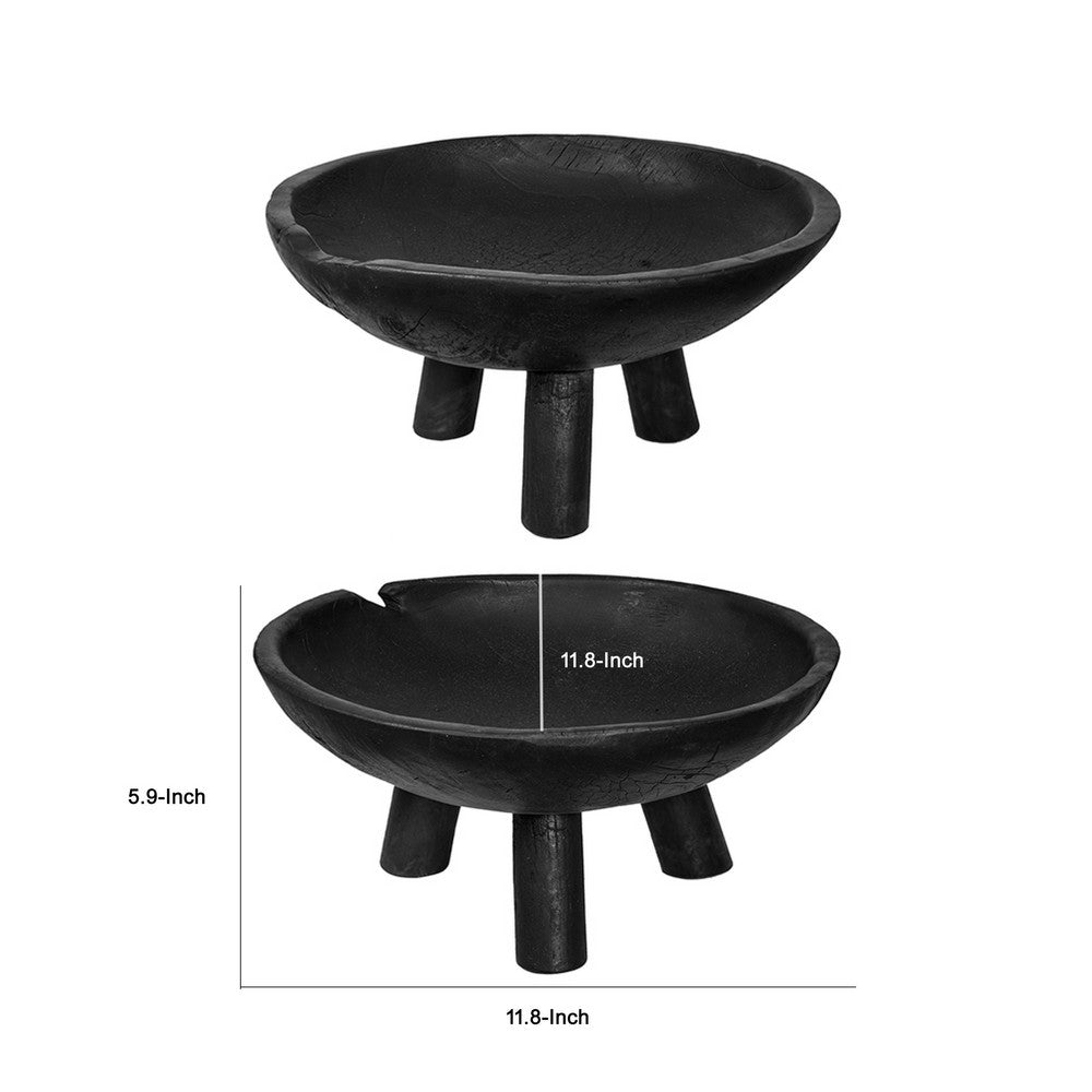 Decorative Footed Bowls Set of 2 | Tripod Legs | Black Teak Wood | 12"