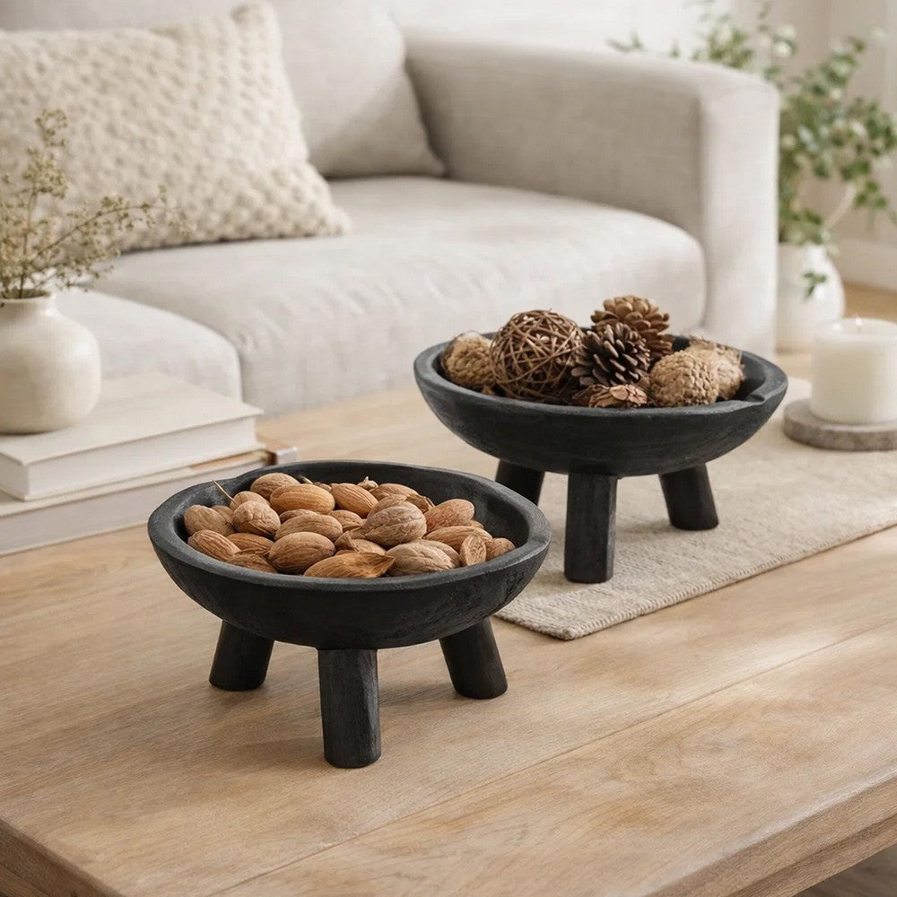Decorative Footed Bowls Set of 2 | Tripod Legs | Black Teak Wood | 12"