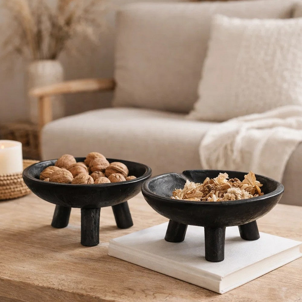 Decorative Footed Bowls Set of 2 | Tripod Legs | Black Teak Wood | 12"