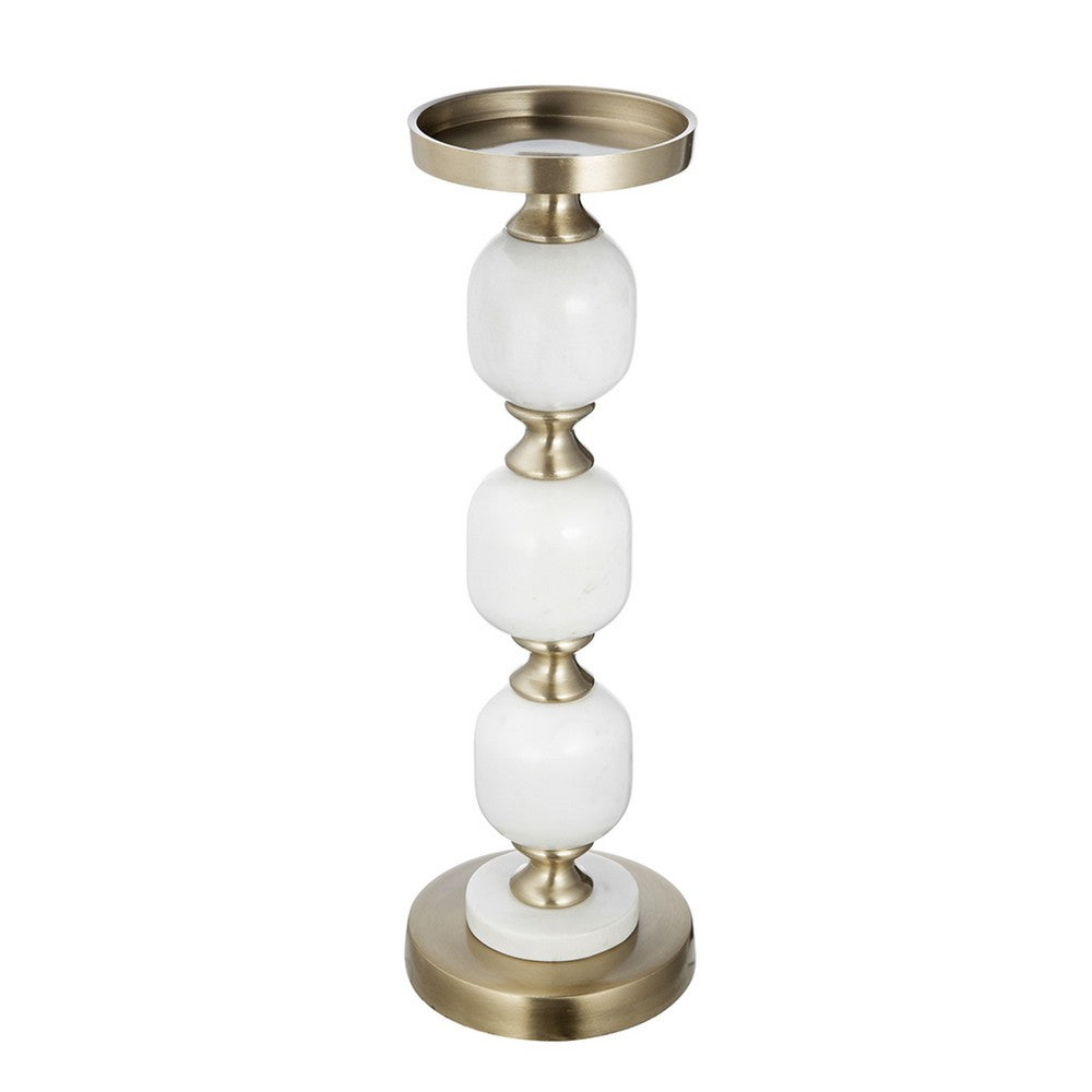 Kea Candle Holder |3 White Marble Ball Spheres w Gold Accent |15"