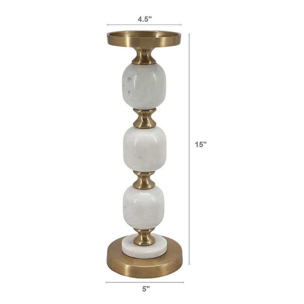 Kea Candle Holder |3 White Marble Ball Spheres w Gold Accent |15"