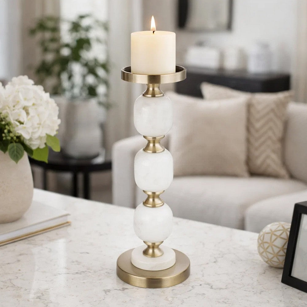 Kea Candle Holder |3 White Marble Ball Spheres w Gold Accent |15"