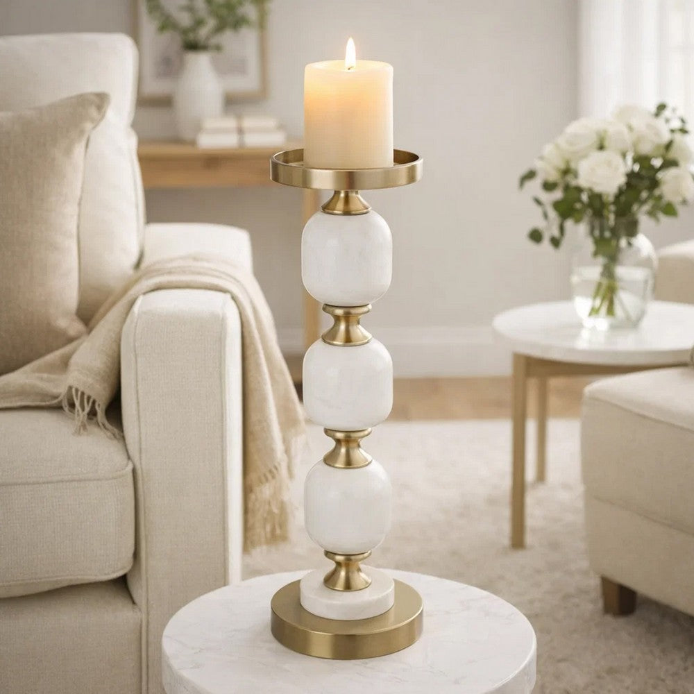 Kea Candle Holder |3 White Marble Ball Spheres w Gold Accent |15"