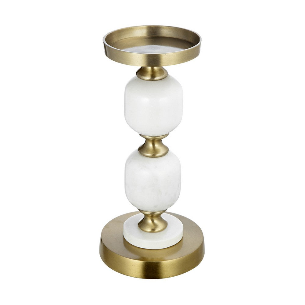 Kea Candle Holder | 2 White Marble Ball Spheres | 11" | Gold Accent