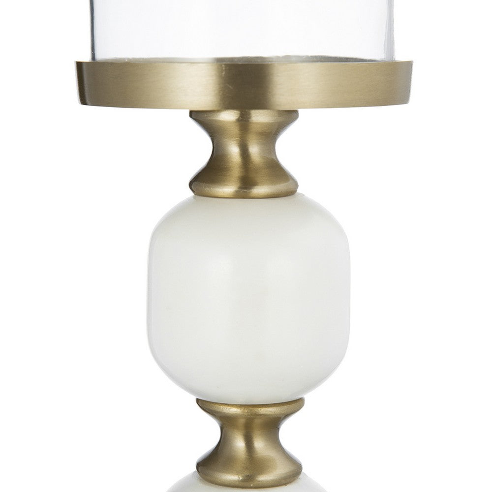 Kea Candle Holder | 2 White Marble Ball Spheres | 11" | Gold Accent