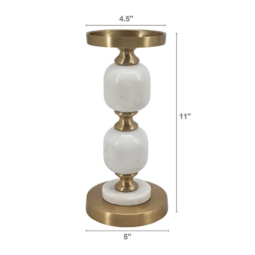 Kea Candle Holder | 2 White Marble Ball Spheres | 11" | Gold Accent