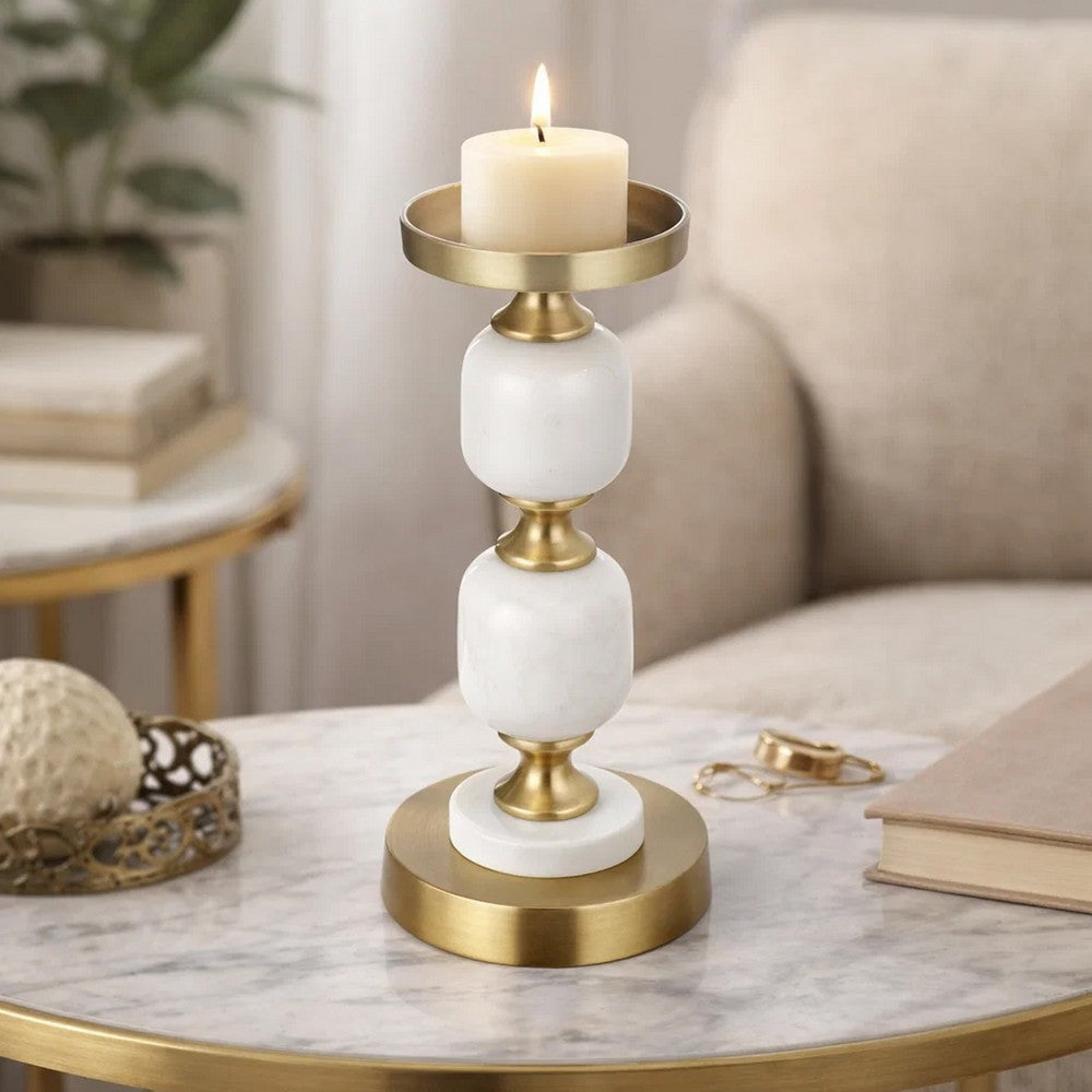 Kea Candle Holder | 2 White Marble Ball Spheres | 11" | Gold Accent