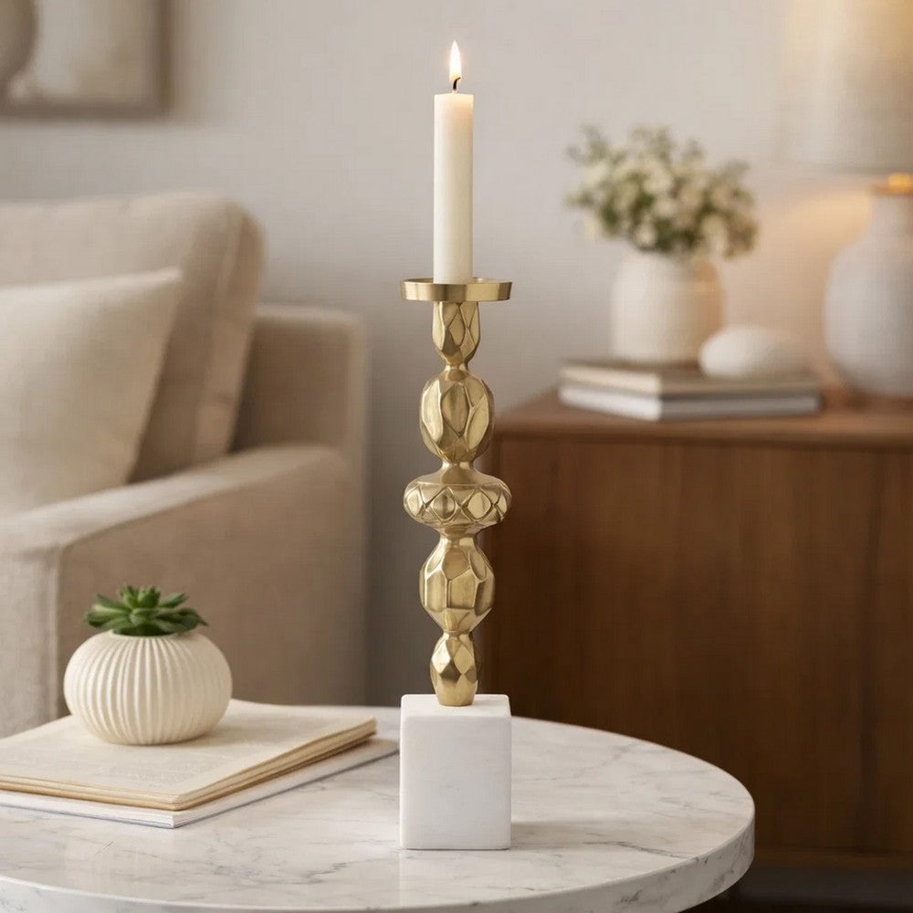 Doz Candle Holder | White Marble Base | 19" Gold Balls Sphere Stem