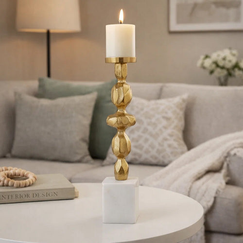 Doz Candle Holder | White Marble Base | 19" Gold Balls Sphere Stem